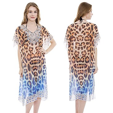 GODDESS STONE STUDDED MIX SAFARI PRINT SLEEK LONG PONCHO