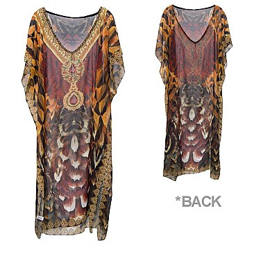 STONE STUDDED MIX JUNGLE INSPIRED PRINT SLEEK LONG PONCHO