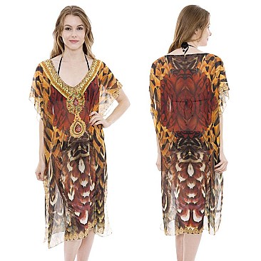 STONE STUDDED MIX JUNGLE INSPIRED PRINT SLEEK LONG PONCHO