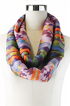 PACK OF (12 PCS) ASSORTED COLOR AZTEC TRIBAL PRINT INFINITY SCARVES