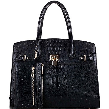 OVERSIZED PADLOCK ACCENT OSTRICH PRINT SATCHEL SET