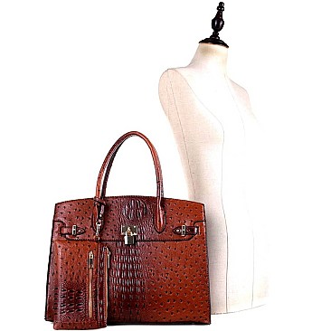 OVERSIZED PADLOCK ACCENT OSTRICH PRINT SATCHEL SET