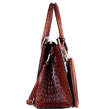 OVERSIZED PADLOCK ACCENT OSTRICH PRINT SATCHEL SET