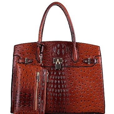 OVERSIZED PADLOCK ACCENT OSTRICH PRINT SATCHEL SET