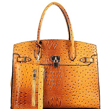 OVERSIZED PADLOCK ACCENT OSTRICH PRINT SATCHEL SET