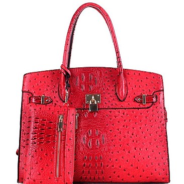OVERSIZED PADLOCK ACCENT OSTRICH PRINT SATCHEL SET