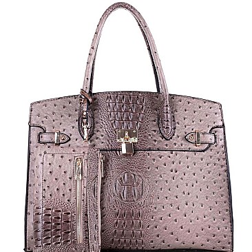 OVERSIZED PADLOCK ACCENT OSTRICH PRINT SATCHEL SET