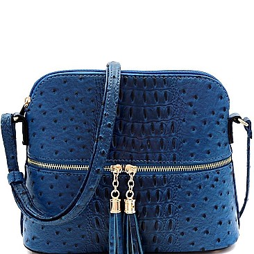 Ostrich Embossed Mid-Zip Tasseled Sling Bag