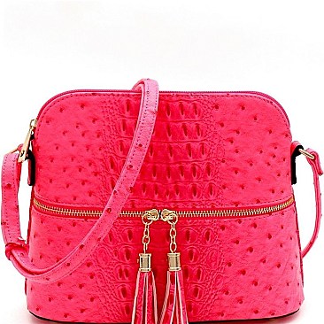 Ostrich Embossed Mid-Zip Tasseled Sling Bag