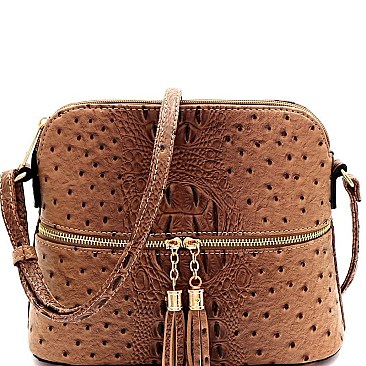Ostrich Embossed Mid-Zip Tasseled Sling Bag