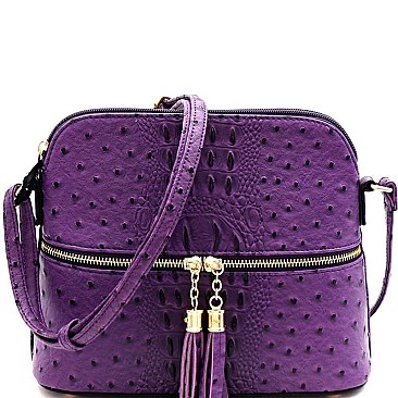 Ostrich Embossed Mid-Zip Tasseled Sling Bag