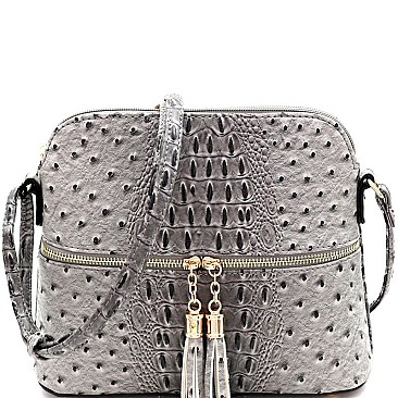 Ostrich Embossed Mid-Zip Tasseled Sling Bag
