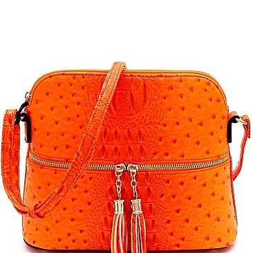 Ostrich Embossed Mid-Zip Tasseled Sling Bag