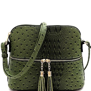 Ostrich Embossed Mid-Zip Tasseled Sling Bag