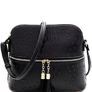 Ostrich Embossed Mid-Zip Tasseled Sling Bag