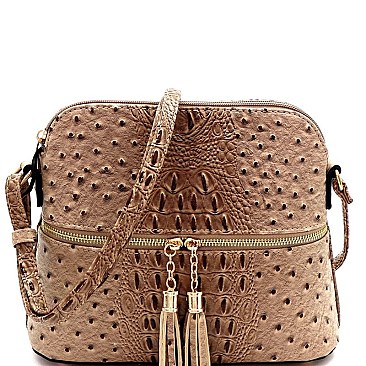Ostrich Embossed Mid-Zip Tasseled Sling Bag
