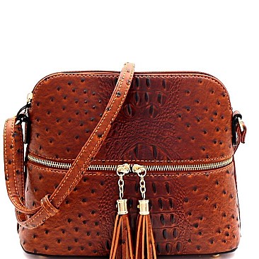 Ostrich Embossed Mid-Zip Tasseled Sling Bag
