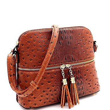 Ostrich Embossed Mid-Zip Tasseled Sling Bag
