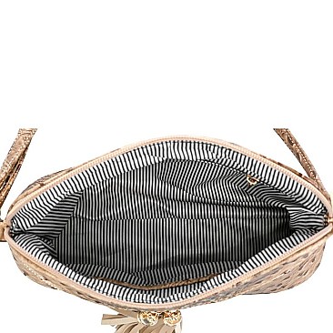 Ostrich Embossed Mid-Zip Tasseled Sling Bag