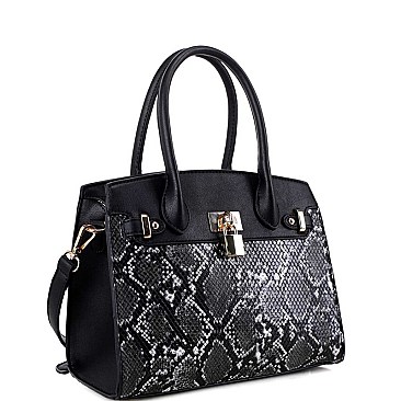 2-Way Medium Snake Print Padlock Accent Satchel