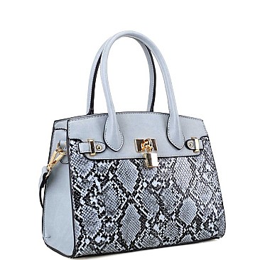 2-Way Medium Snake Print Padlock Accent Satchel