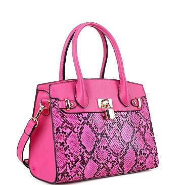 2-Way Medium Snake Print Padlock Accent Satchel