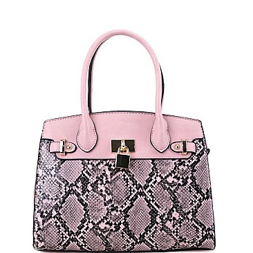 2-Way Medium Snake Print Padlock Accent Satchel