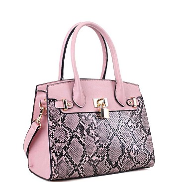 2-Way Medium Snake Print Padlock Accent Satchel
