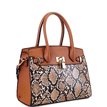 2-Way Medium Snake Print Padlock Accent Satchel
