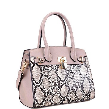2-Way Medium Snake Print Padlock Accent Satchel