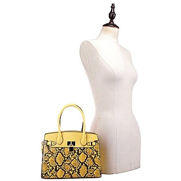 2-Way Medium Snake Print Padlock Accent Satchel