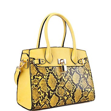 2-Way Medium Snake Print Padlock Accent Satchel
