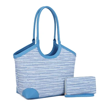 blue SJ60149 2-in-1 Two Tone Design Satchel - Tote Set + Wallet