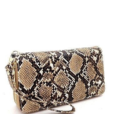 Double Zip-Around Snake Print Smartphone-Friendly Wristlet Wallet