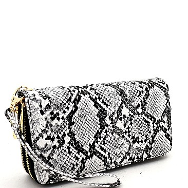 Double Zip-Around Snake Print Smartphone-Friendly Wristlet Wallet