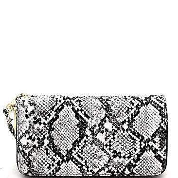 Double Zip-Around Snake Print Smartphone-Friendly Wristlet Wallet
