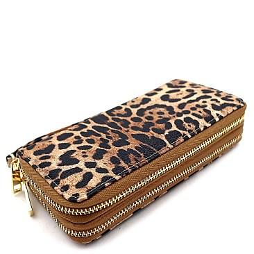 Double Zip-Around Snake Print Smartphone-Friendly Wristlet Wallet