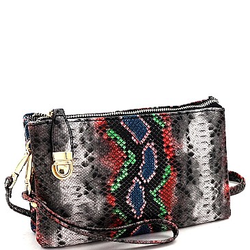 3-Compartment Multi-Color Snake Print Push-Lock Cross Body