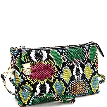 3-Compartment Multi-Color Snake Print Push-Lock Cross Body