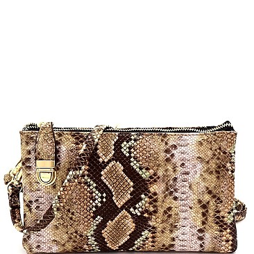 3-Compartment Multi-Color Snake Print Push-Lock Cross Body