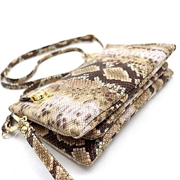 3-Compartment Multi-Color Snake Print Push-Lock Cross Body