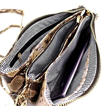 3-Compartment Multi-Color Snake Print Push-Lock Cross Body