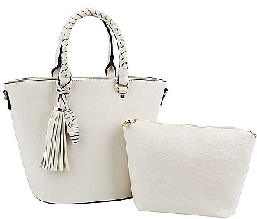 2 IN 1 CUTE TASSEL ACCENT TOTE BAG WITH LONG STRAP