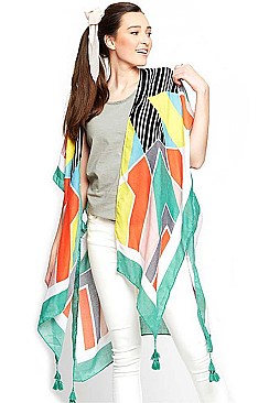 Tasseled Abstract Kimono Coverup