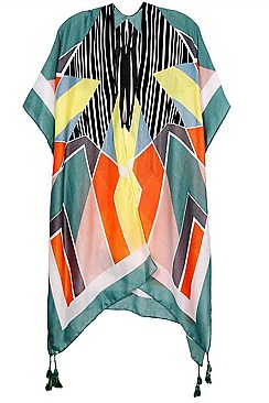 Tasseled Abstract Kimono Coverup