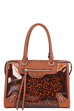 2 IN 1 CLEAR SEE THROUGH SATCHEL WITH LEOPARD POUCH