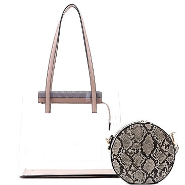 2 in 1 Transparent Clear Tote with Snake Print Cross Body