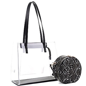2 in 1 Transparent Clear Tote with Snake Print Cross Body
