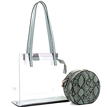 2 in 1 Transparent Clear Tote with Snake Print Cross Body