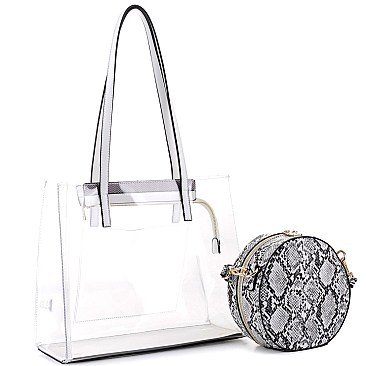 2 in 1 Transparent Clear Tote with Snake Print Cross Body